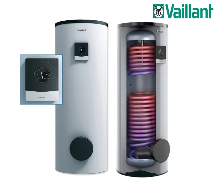 Vaillant Warmwasserspeicher mit sichtbarer Wärmeleitspirale in verschiedenen Farben. Auf der Vorderseite befindet sich ein Temperaturregler. Stehendes, rundes Design.