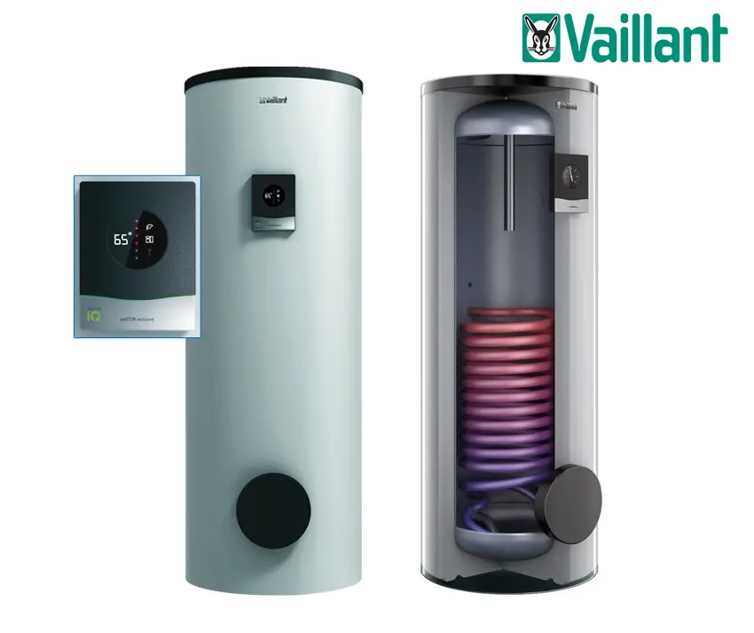 Vaillant-Speicher in runder, stehender Form, mit transparentem Gehäuse, das eine innere spiralförmige Struktur zeigt, sowie einem digitalen Bedienfeld.