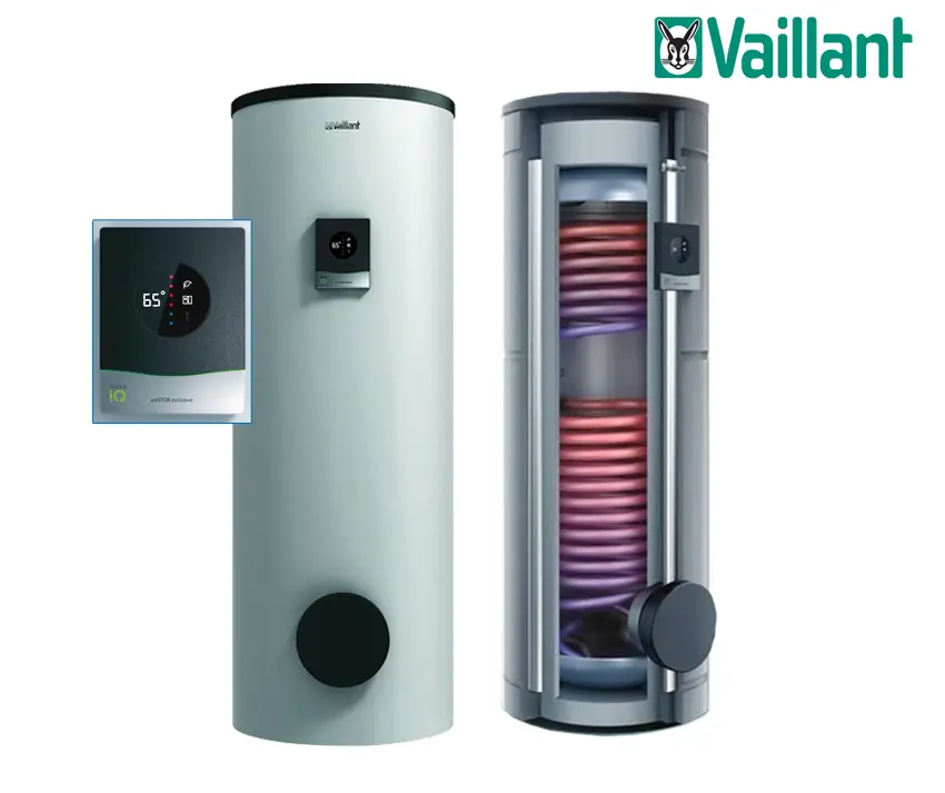 Vaillant Speichergerät in weißer Farbe, stehend ausgeführt, mit digitalem Bedienfeld. Auf der linken Seite befindet sich eine typische Thermostatanzeige.