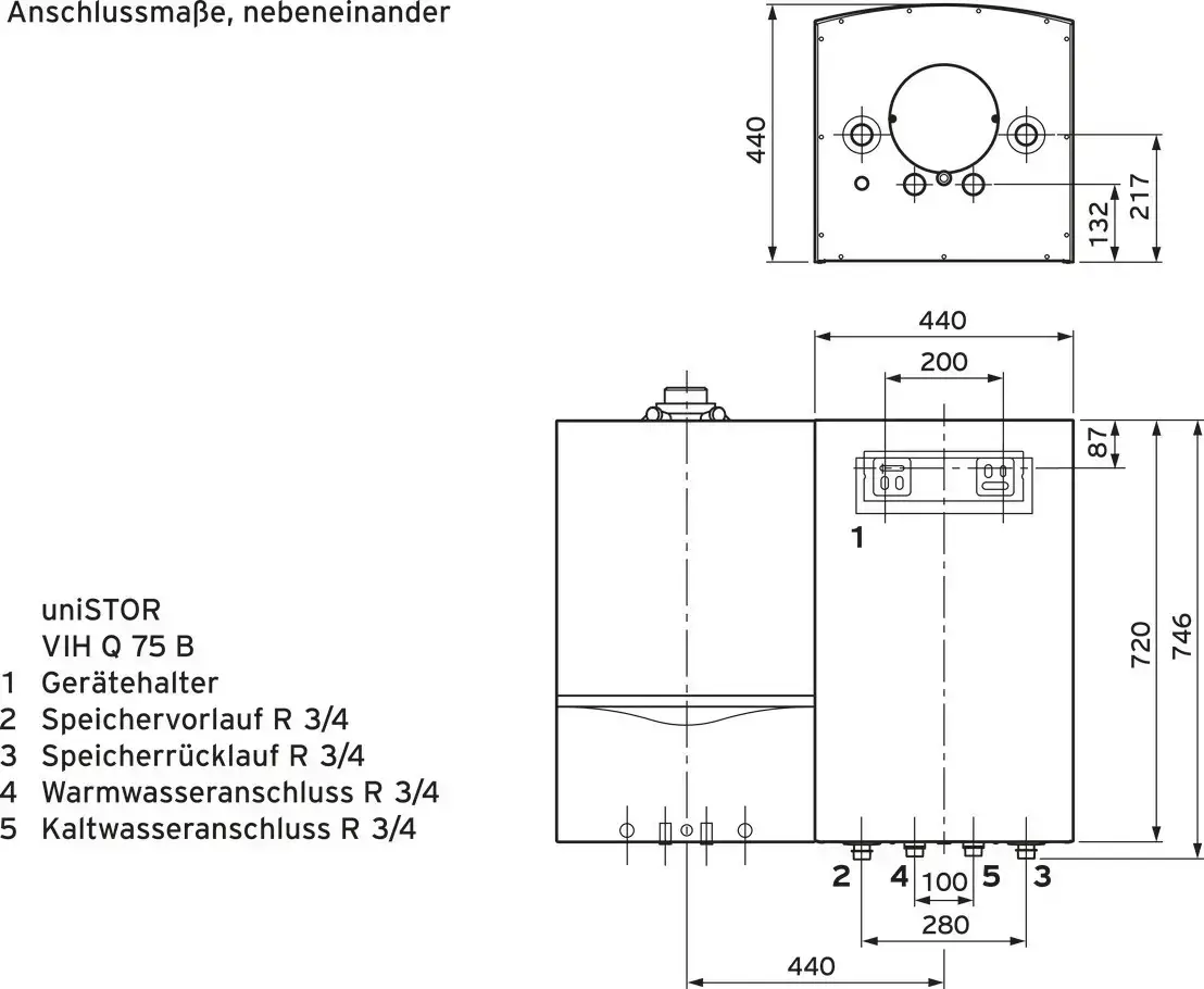 Vaillant Warmwasserspeicher mit verschiedenen Anschlüssen und Maßen, dargestellten Verbindungspunkten und einer schematischen Ansicht von der Seite und oben.