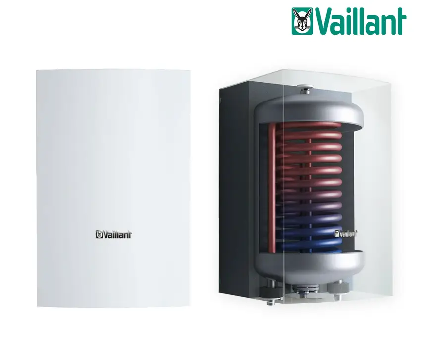 Vaillant Warmwasserspeicher mit einem transparenten Gehäuse, das einen innenliegenden Wärmetauscher zeigt, zusammengestellt aus einem weißen und silbernen Element.