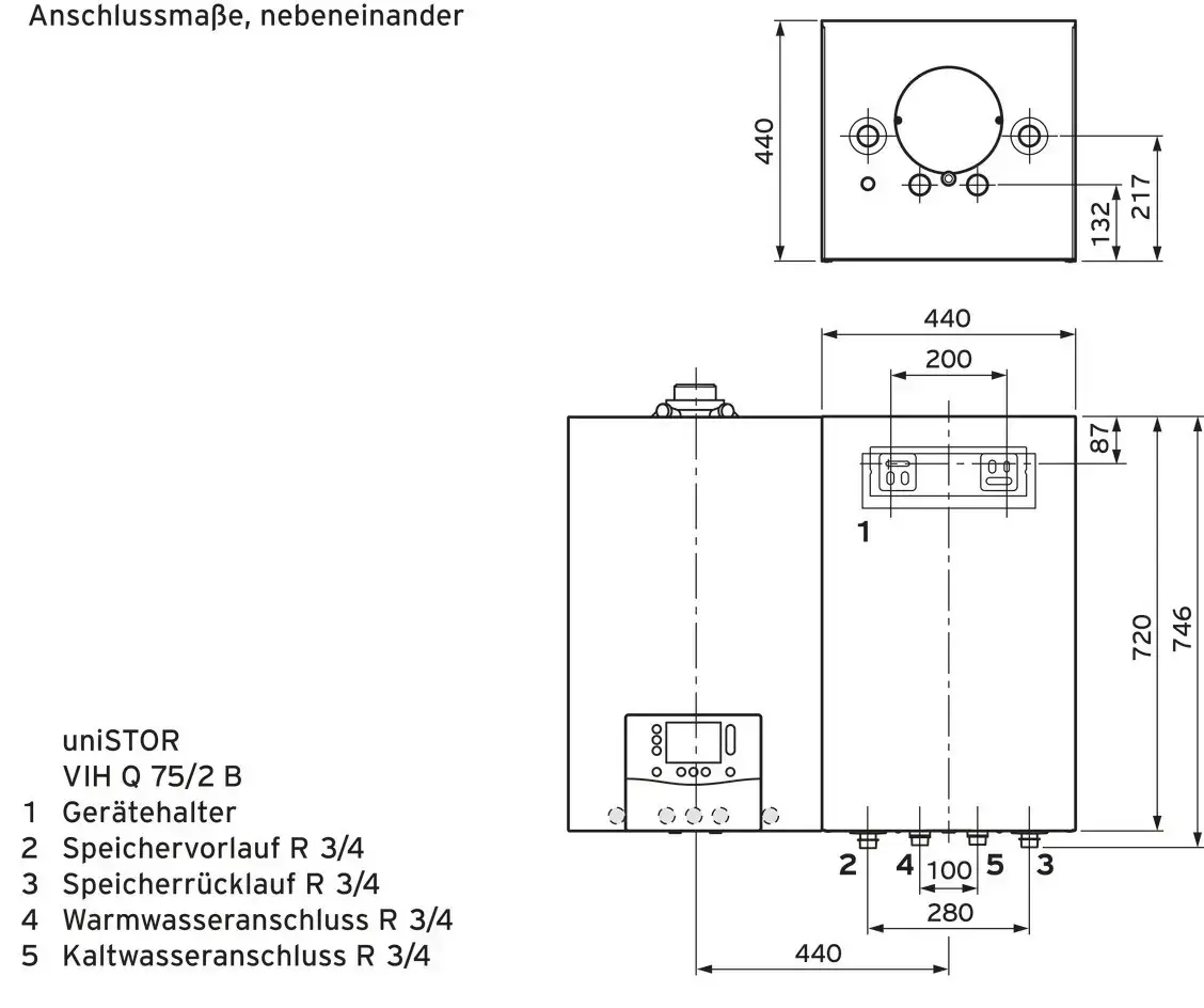 Technische Zeichnung eines Vaillant Warmwasserspeichers mit Anschlussmaßen und Beschriftungen für verschiedene Anschlüsse. Darstellung in Frontal- und Seitenansicht.