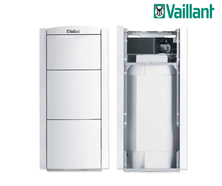 Vaillant Warmwasserspeicher in weißer Ausführung, mit öffentlicher Frontseite und sichtbar installierter Technik im hinteren Bereich.