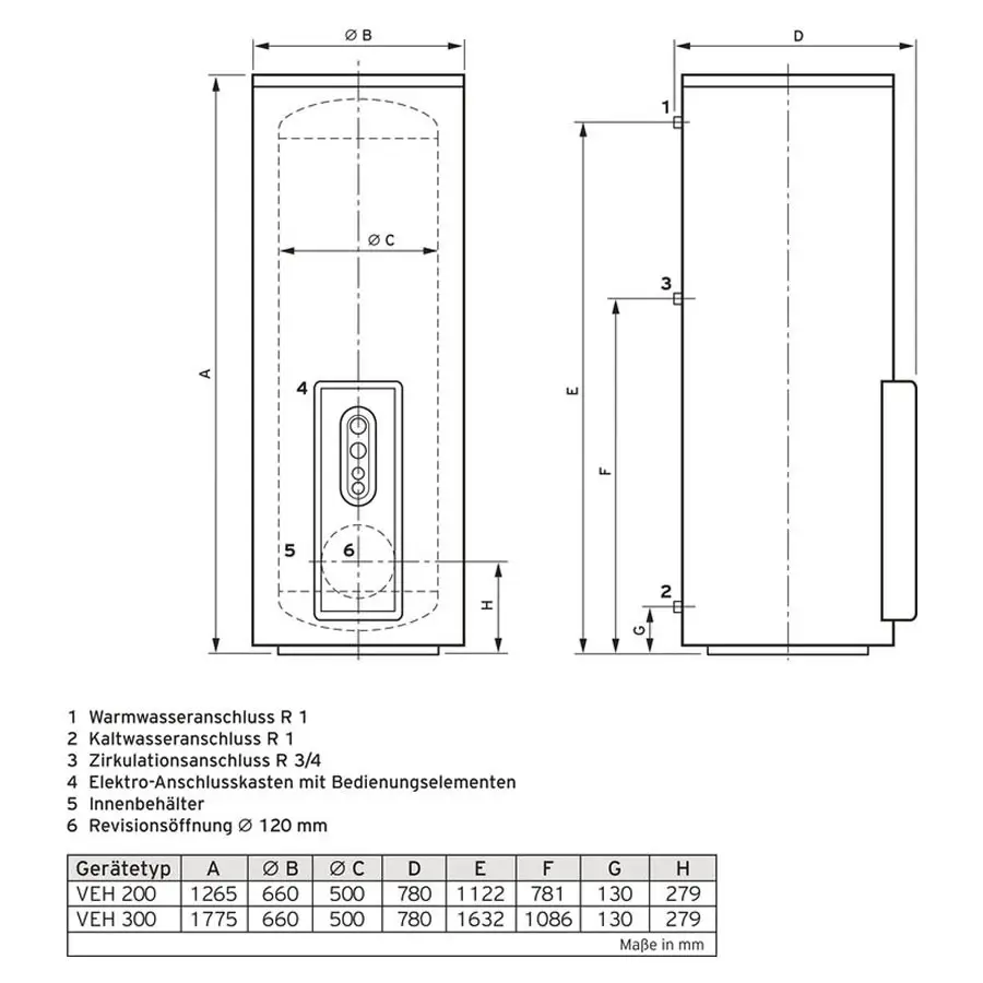 Technische Zeichnung eines Elektro-Warmwasserspeichers von Vaillant mit verschiedenen Anschlussmöglichkeiten und Maßen, dargestellt in seitlicher und frontaler Ansicht.