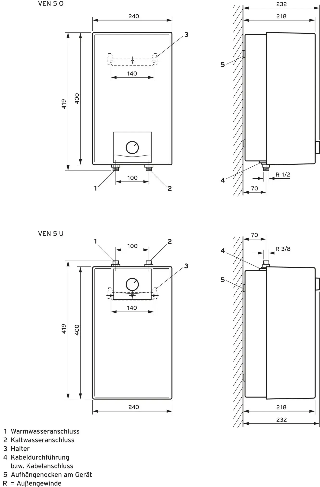 Vaillant Elektro-Speicher für drucklose Untertischmontage, mit Anschlüssen für Warm- und Kaltwasser sowie Kabeldurchführung, abgebildet in technischen Zeichnungen.