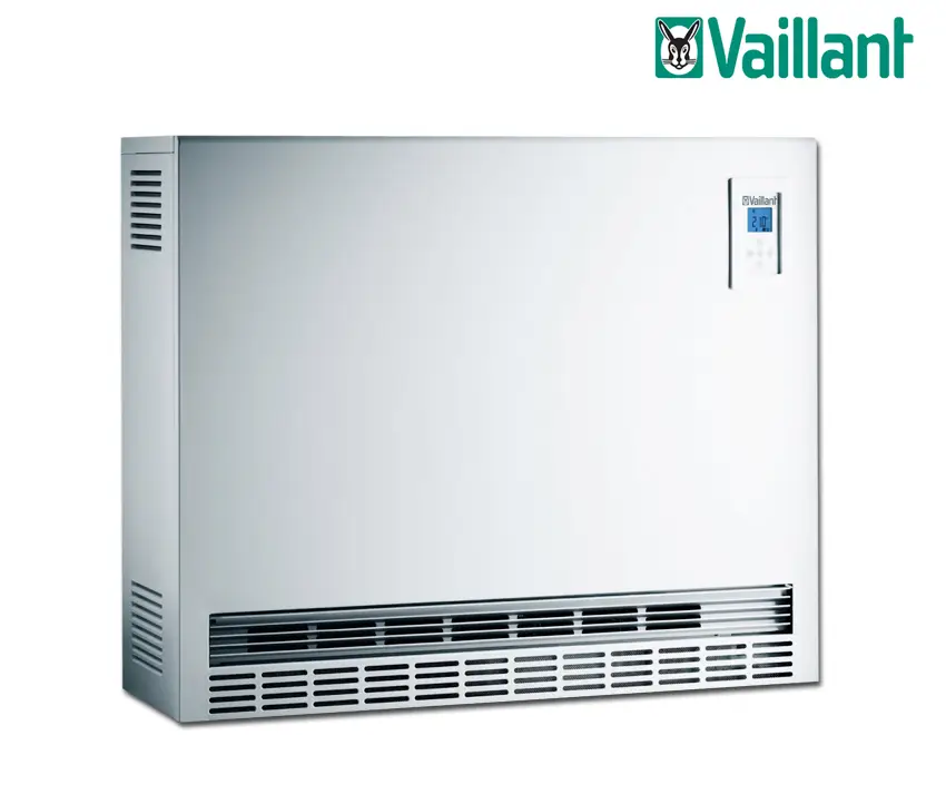 Vaillant Elektro-Speicherheizgerät, rechteckige weiße Oberfläche mit digitalem Display und Lüftungsschlitzen an der unteren Seite.