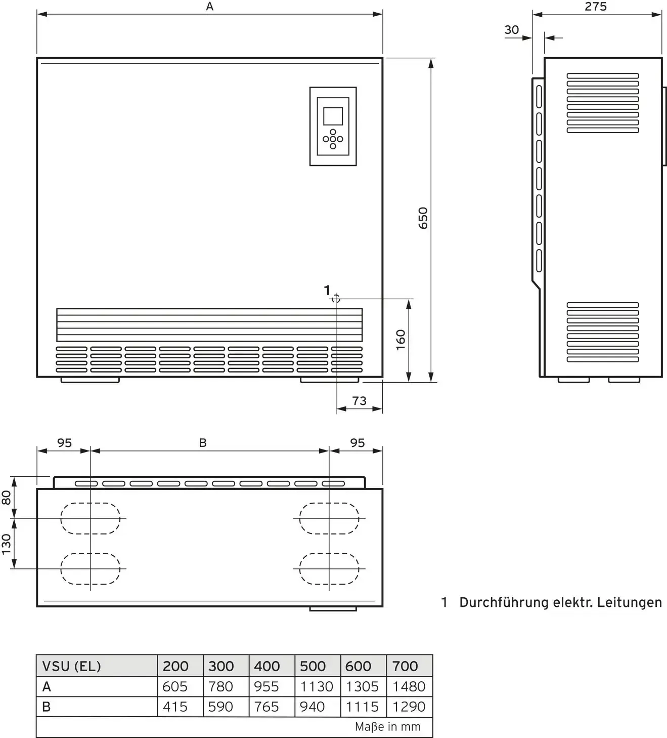 Elektroheizgerät der Marke Vaillant mit Bedienfeld, Seitenansicht und technischen Details zur elektrischen Leitung. Maße sind in millimetriertem Diagramm angegeben.