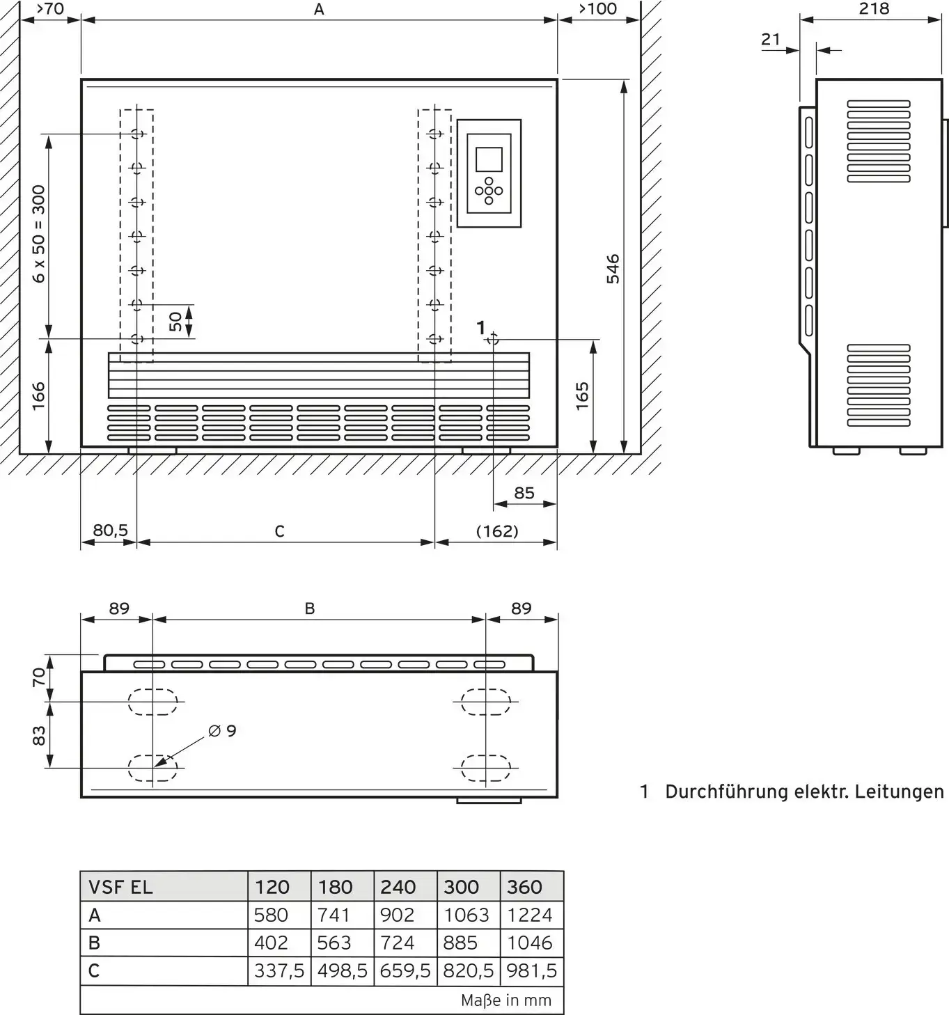 Vaillant Elektro-Speicherheizgerät, schematische Zeichnung mit Maßen und Anschlussdetails, dargestellt in Draufsicht und Seitenansicht.