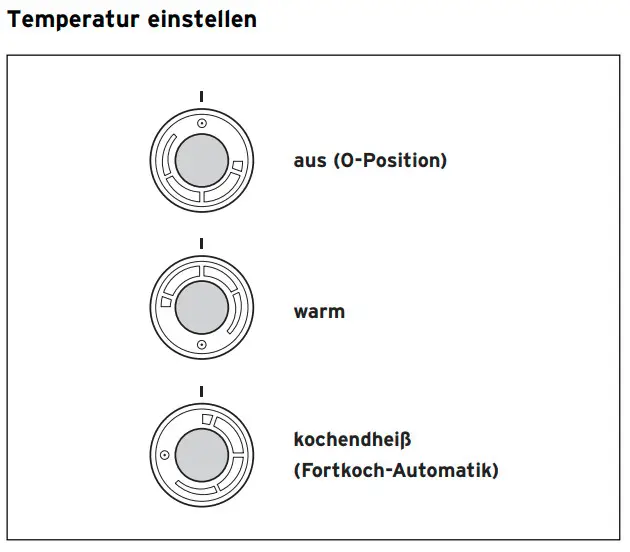 Temperaturregelgerät von Vaillant mit drei Einstellpositionen: aus (O-Position), warm, kochendheiß (Fortkoch-Automatik), dargestellt durch runde Drehregler.