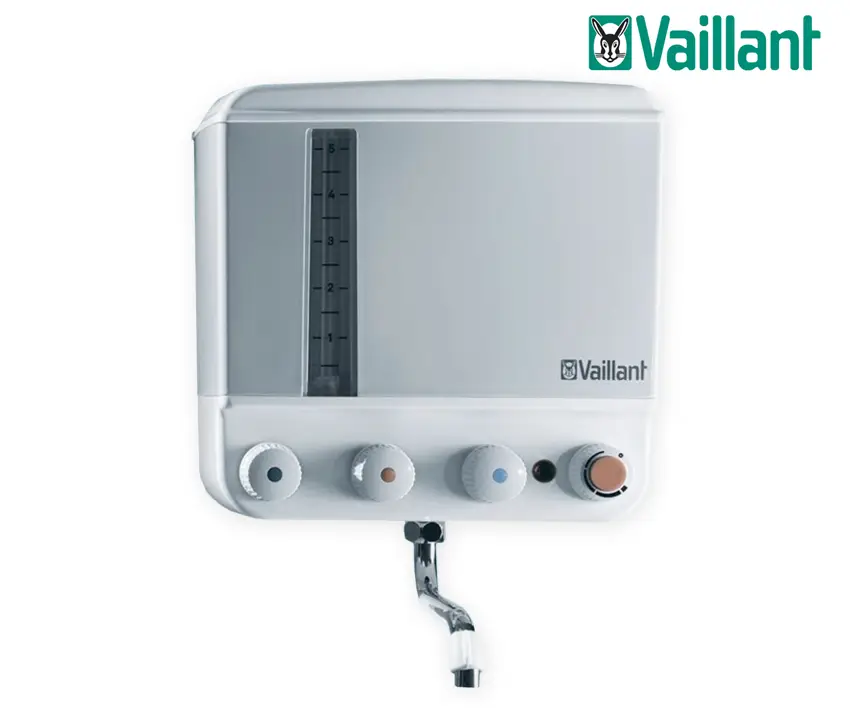 Wandhängendes Elektro-Kochendwassergerät in Weiß und Hellgrau von Vaillant mit zwei Temperaturreglern und einem Wasserabflussrohr.