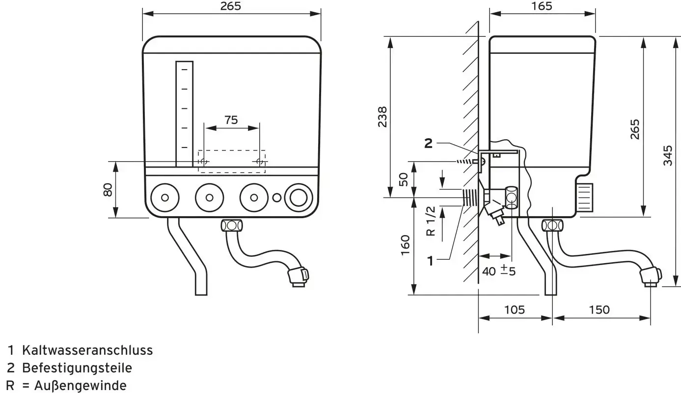 Wandhängendes Elektro-Kochendwassergerät in braun/beige. Vaillant, mit Wasseranschluss und Befestigungsteilen. Technische Maße und Anschlüsse sind abgebildet.