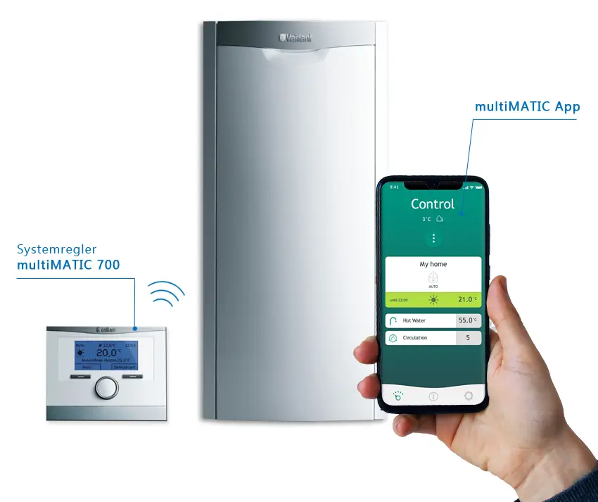 Vaillant Öl-Brennwertkessel in vertikaler Ausführung, präsentiert mit einem Systemregler und einer Smartphone-App für die Steuerung der Heizungs- und Warmwasserfunktionen.