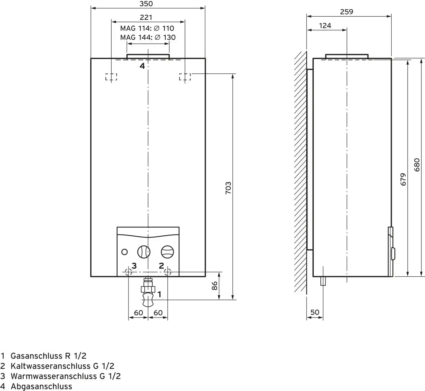 Vaillant Gas-Durchlaufwasserheizer mit Kaminanschluss in vertikaler Bauweise, gezeichnet mit maßlichen Angaben und Anschlüssen für Gas, Kalt- und Warmwasser.