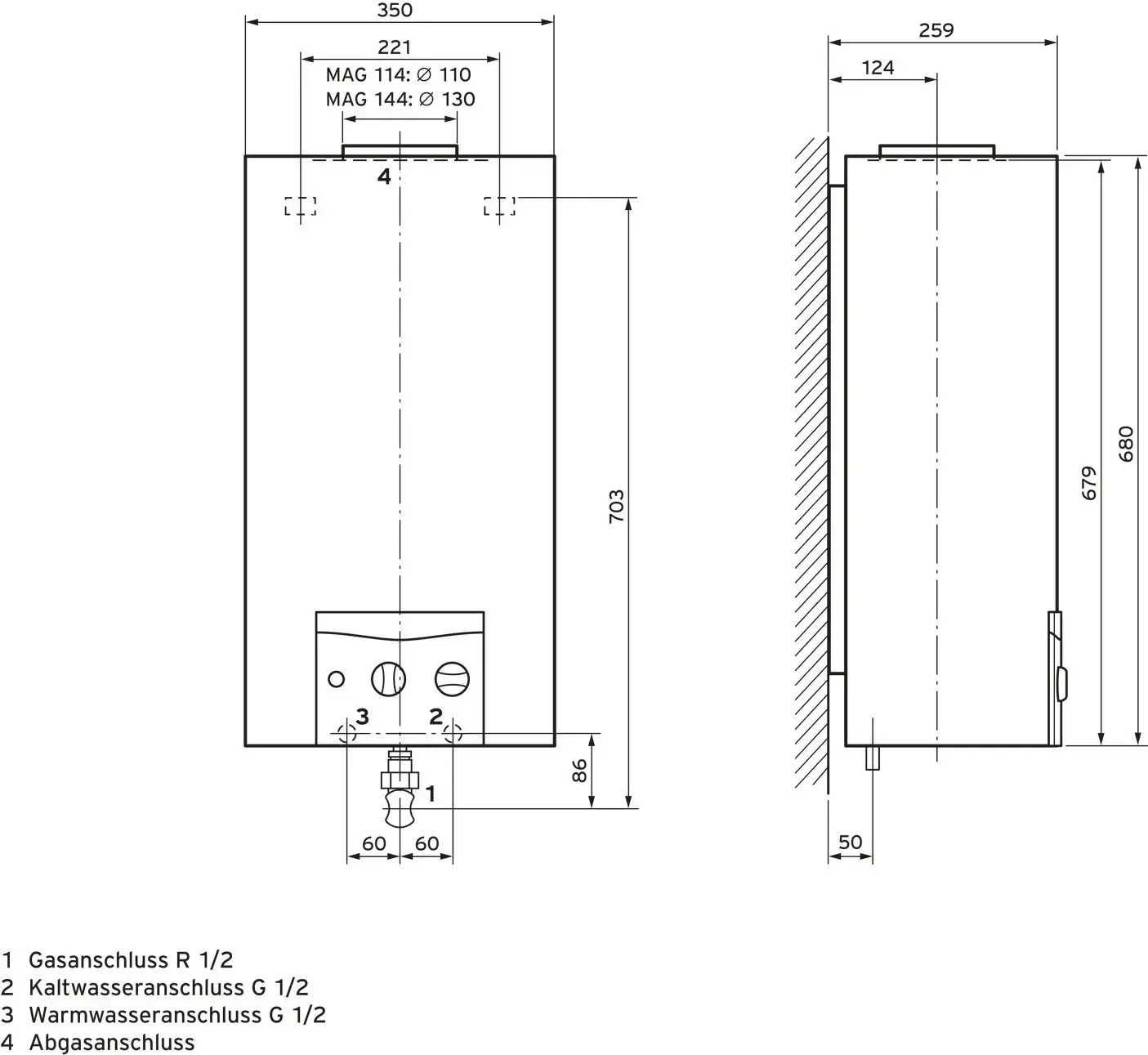 Vaillant Gas-Durchlaufwasserheizer mit Kaminanschluss, dargestellt in einer technischen Zeichnung mit Maßen, Anschlüssen und Installationshinweisen.