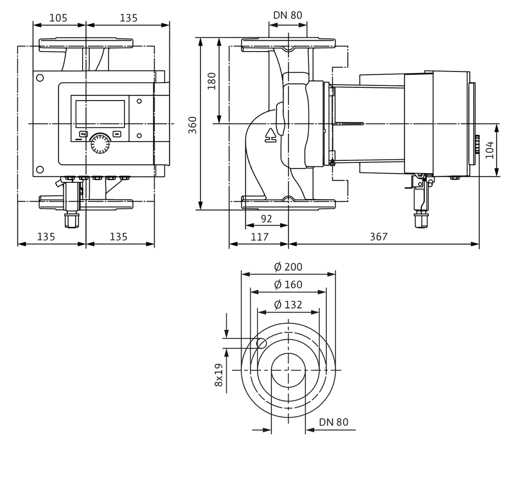 Technische Zeichnung einer Wilo-Pumpe mit verschiedenen Ansichten. Das Diagramm zeigt Maße und Details, die für die Installation und den Betrieb wichtig sind.