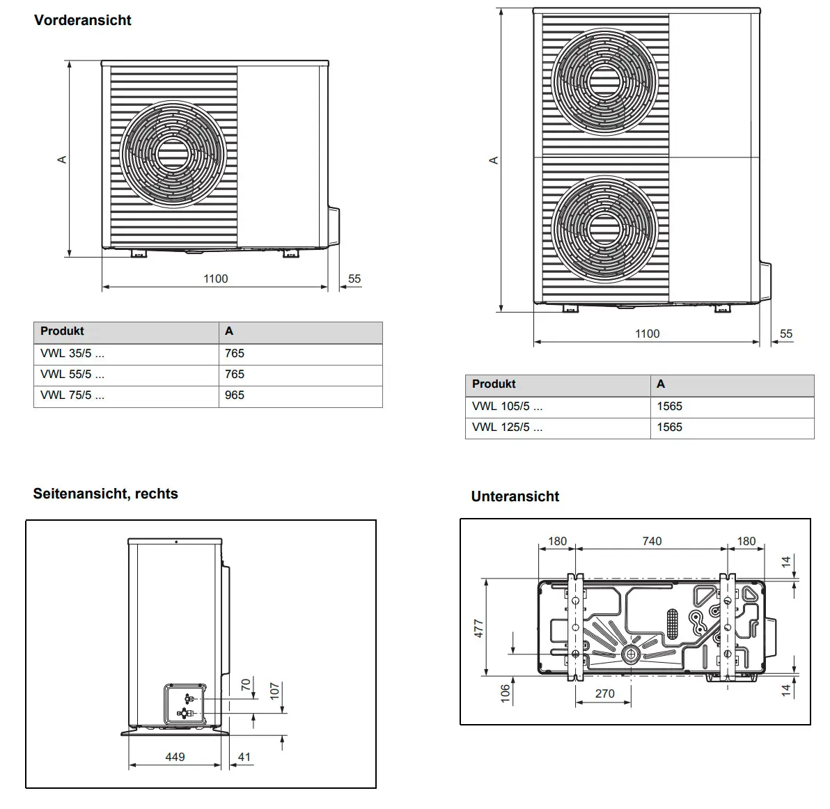 Technische Zeichnung der Vaillant aroTHERM Split Wärmepumpe, verschiedene Ansichten mit Maßangaben.