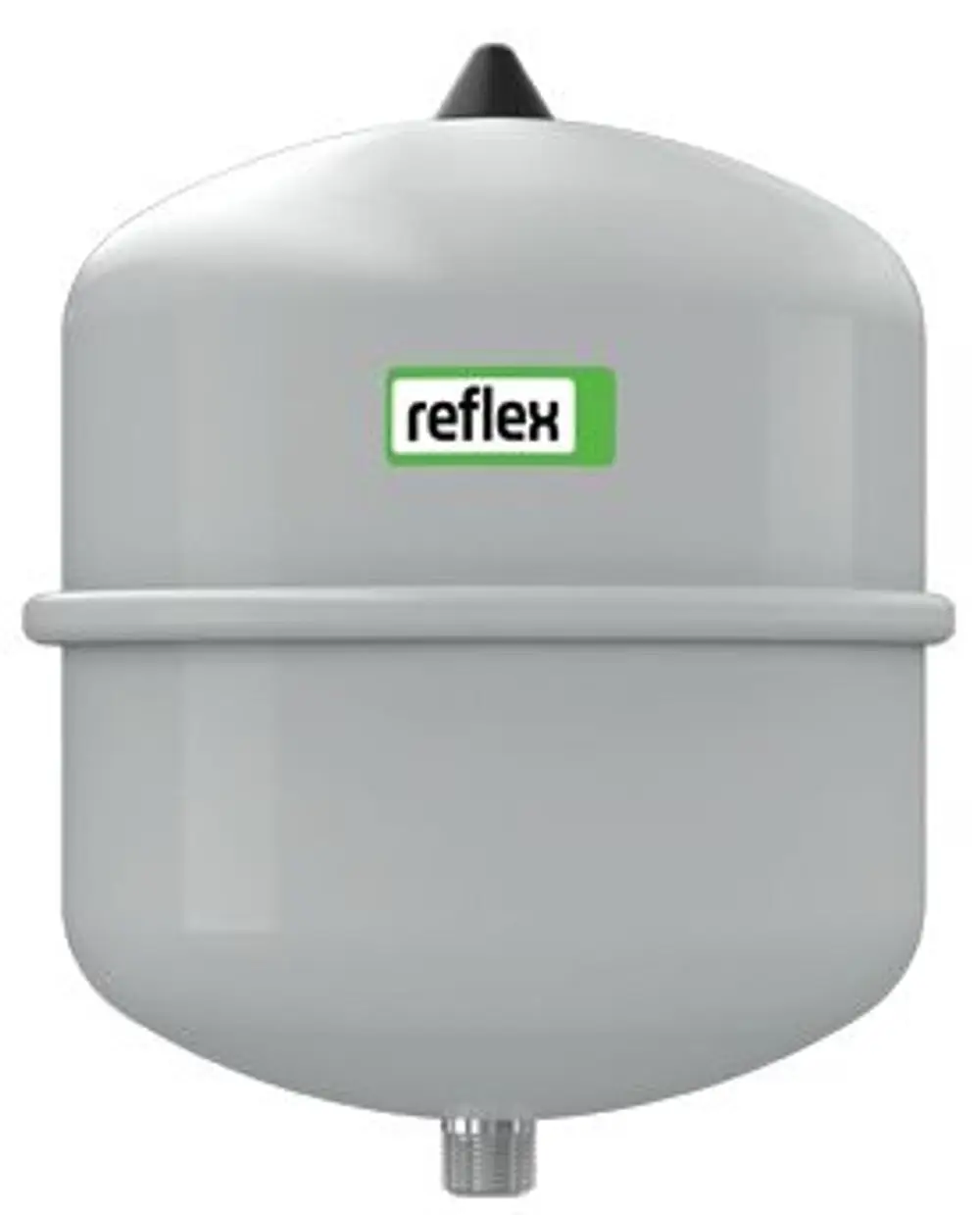 Membran-Druckausdehnungsgefäß in grau von Reflex Winkelmann mit einem Anschluss. Das Produkt ist rund und hat eine glatte Oberfläche.