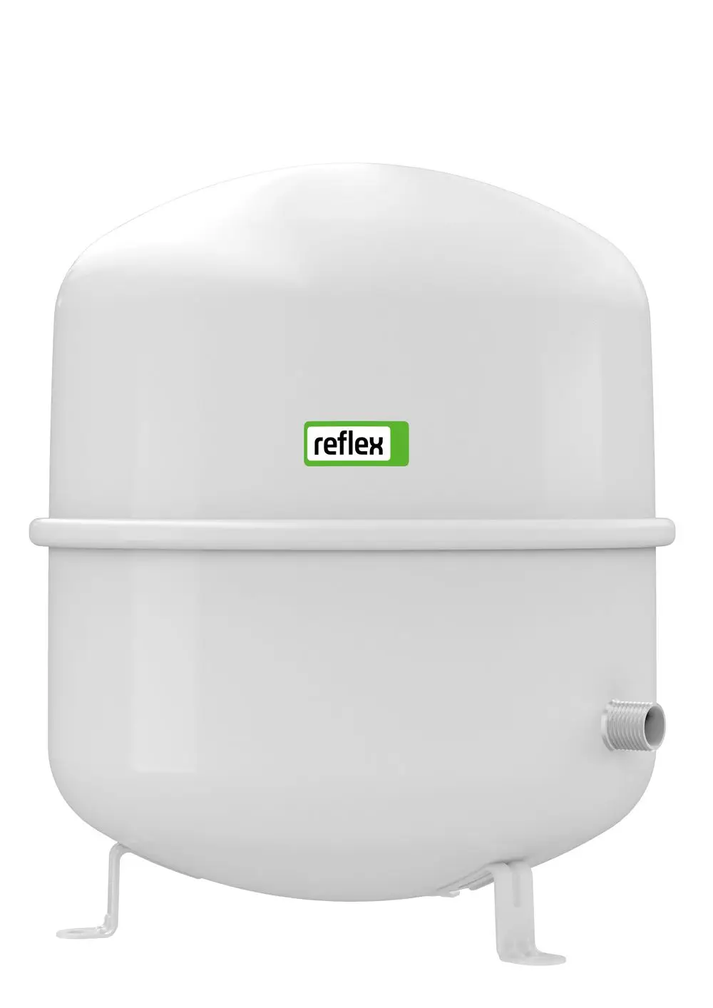 Weißes Membran-Druckausdehnungsgefäß von Reflex Winkelmann, ovaler Korpus mit Anschluss für Druckausgleich. Stabile Standfüße.