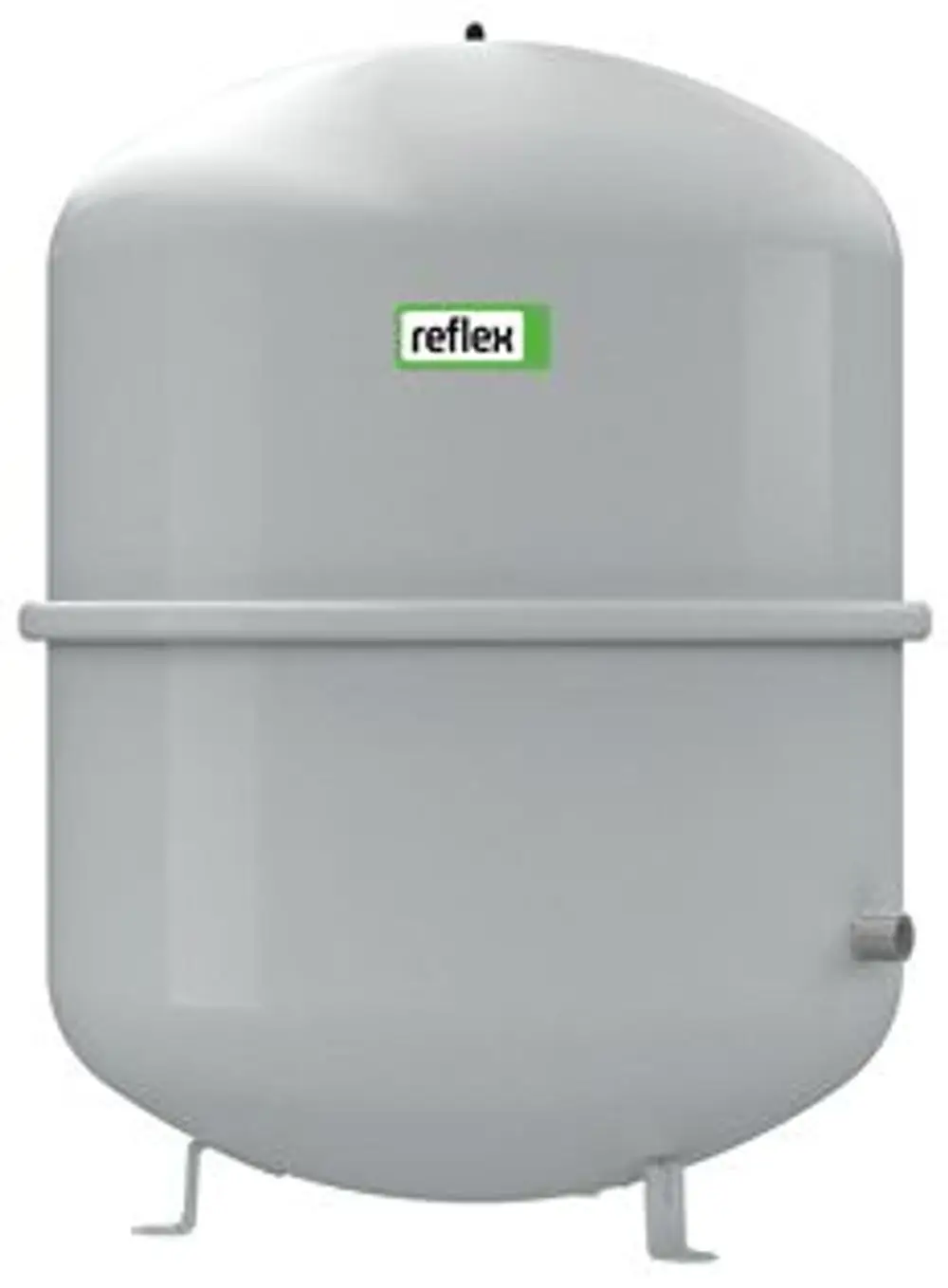 Graues Membran-Druckausdehnungsgefäß von Reflex Winkelmann, rund und auf einem stabilen Standfuß montiert, mit Anschlussventil.