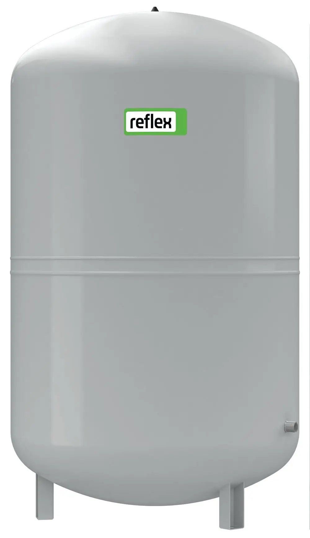 Graues Membran-Druckausdehnungsgefäß von Reflex Winkelmann, zylindrische Form mit Anschluss unten. Oberseite mit Montagepunkt.