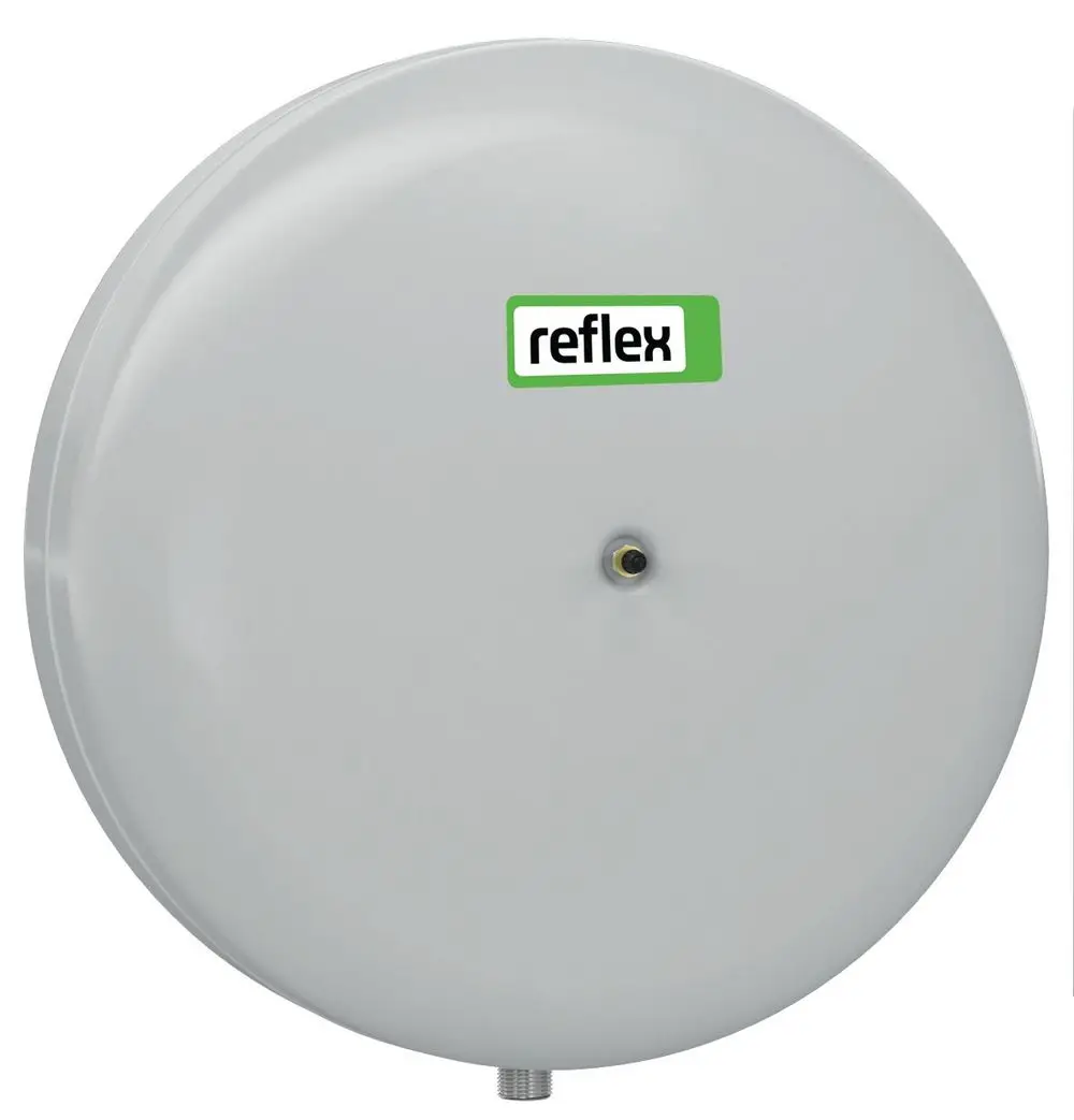 Graues Druckausdehnungsgefäß mit glatter Oberfläche und zentralem Anschluss. Es trägt das Logo von Reflex Winkelmann.