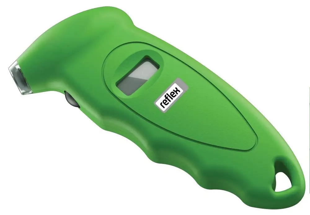 Digitales Vordruckprüfgerät in grün mit beleuchtetem Display von Reflex Winkelmann, zur Messung von Drücken bis 9 bar, ergonomisches Design.