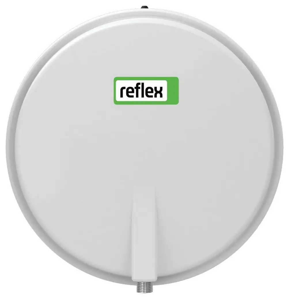 Weißes Druckausdehnungsgefäß von Reflex Winkelmann mit flacher Form und seitlichem Anschluss. Geeignet für verschiedene Heizungsanwendungen.