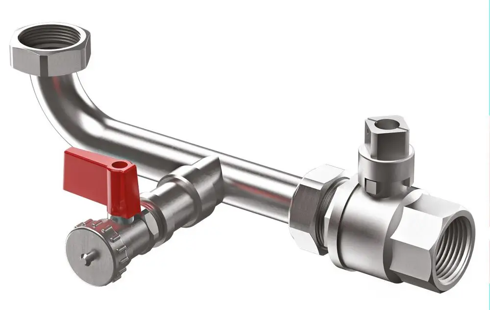 Metallene Anschlussgruppe mit Absperrung und Entleerungsventil, zwei Gewindeanschlüssen und einem gebogenen Rohr. Produkt von Reflex Winkelmann.
