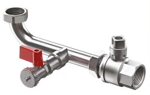 Metallene Anschlussgruppe mit Absperrung und Entleerungsventil, zwei Gewindeanschlüssen und einem gebogenen Rohr. Produkt von Reflex Winkelmann.