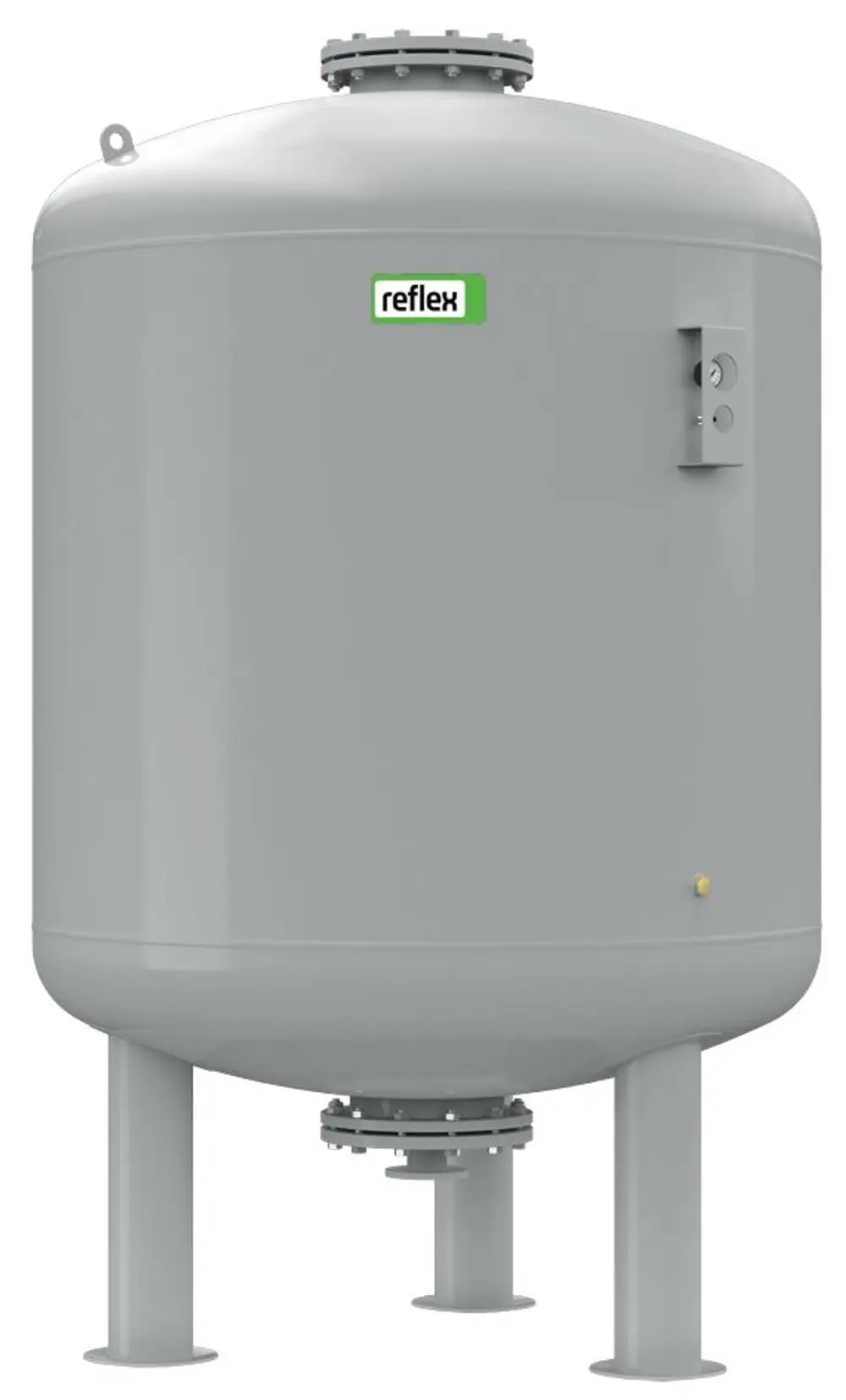 Stehendes, graues Druckausdehnungsgefäß von Reflex Winkelmann mit runder Form und mehreren Anschlussanschlüssen am Boden.