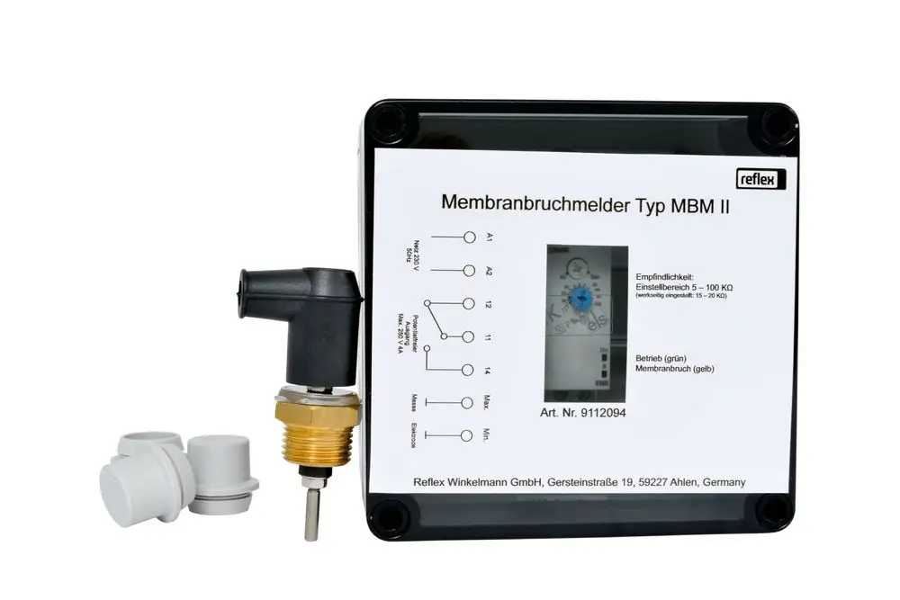 Reflex Winkelmann Membranbruchmelder mit Elektrode und Relais zur Anzeige eines Membranbruchs, abgebildet auf schwarzem Gehäuse mit Verdrahtungsanschlüssen.