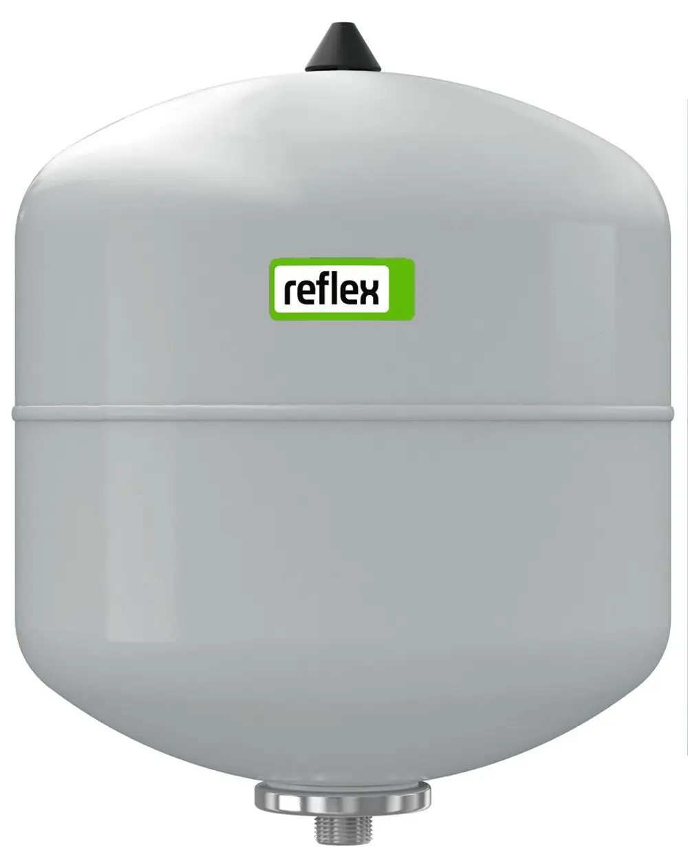 Weißes Membran-Druckausdehnungsgefäß von Reflex Winkelmann mit runder Form und Edelstahlanschluss an der Unterseite. Oberseite mit schwarzem Ventil.