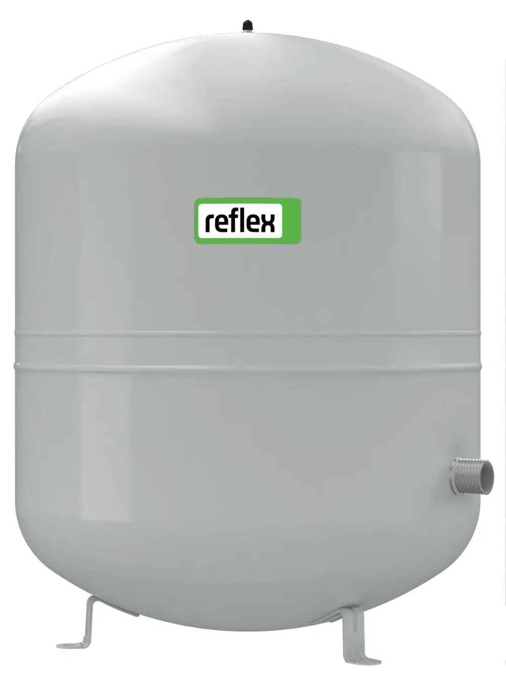 Graues Membran-Druckausdehnungsgefäß von Reflex Winkelmann, mit Rundform und Anschluss am unteren Teil. Logo der Marke sichtbar auf der Vorderseite.
