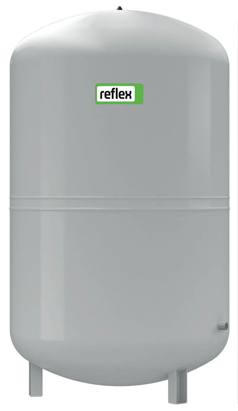 Graues membranbasiertes Druckausdehnungsgefäß von Reflex Winkelmann mit einer runden Form und einem Anschluss an der Unterseite.