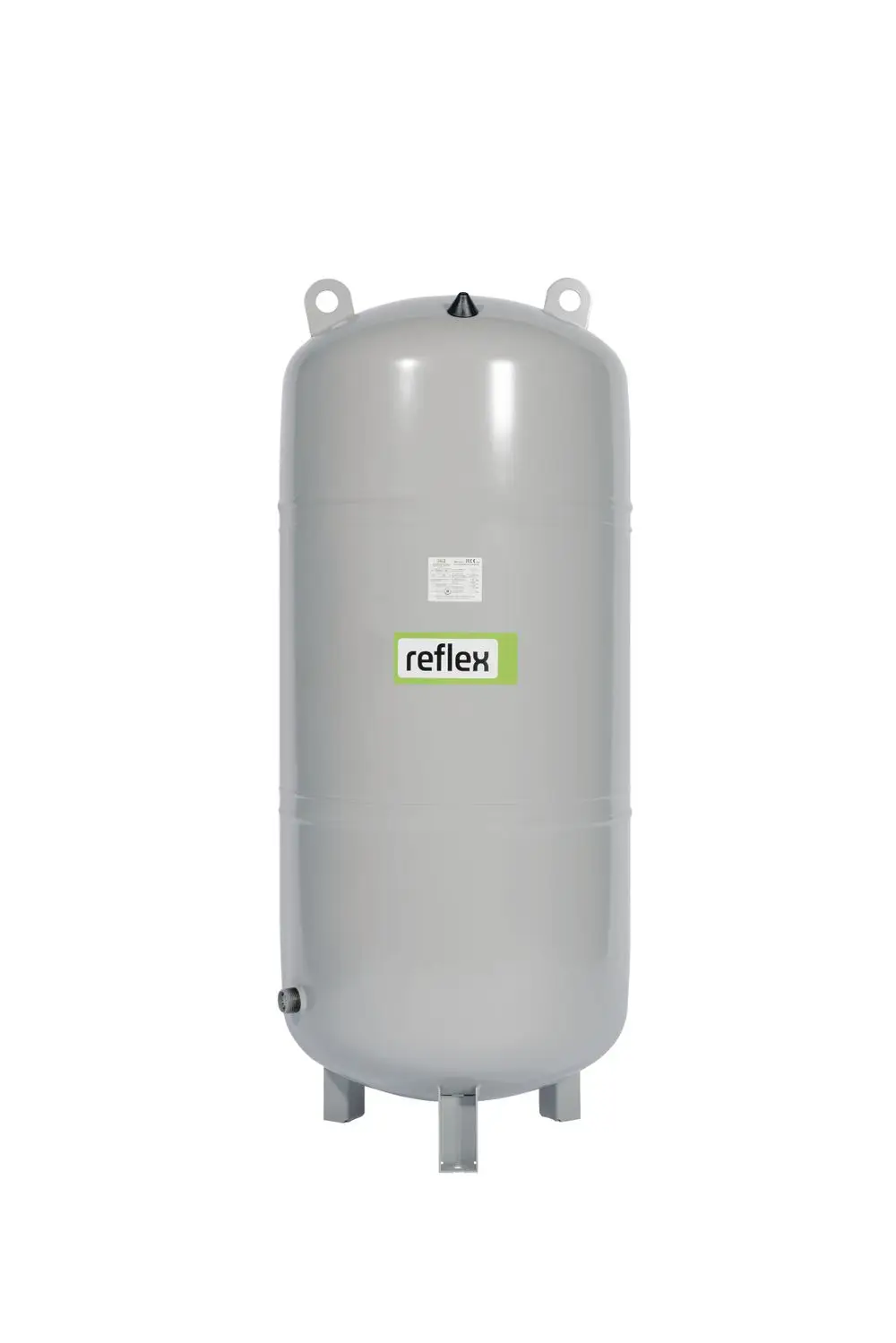 Graues Membran-Druckausdehnungsgefäß von Reflex Winkelmann, zylindrische Form mit einer Anschlussöffnung an der Seite und zwei Befestigungslöchern oben.
