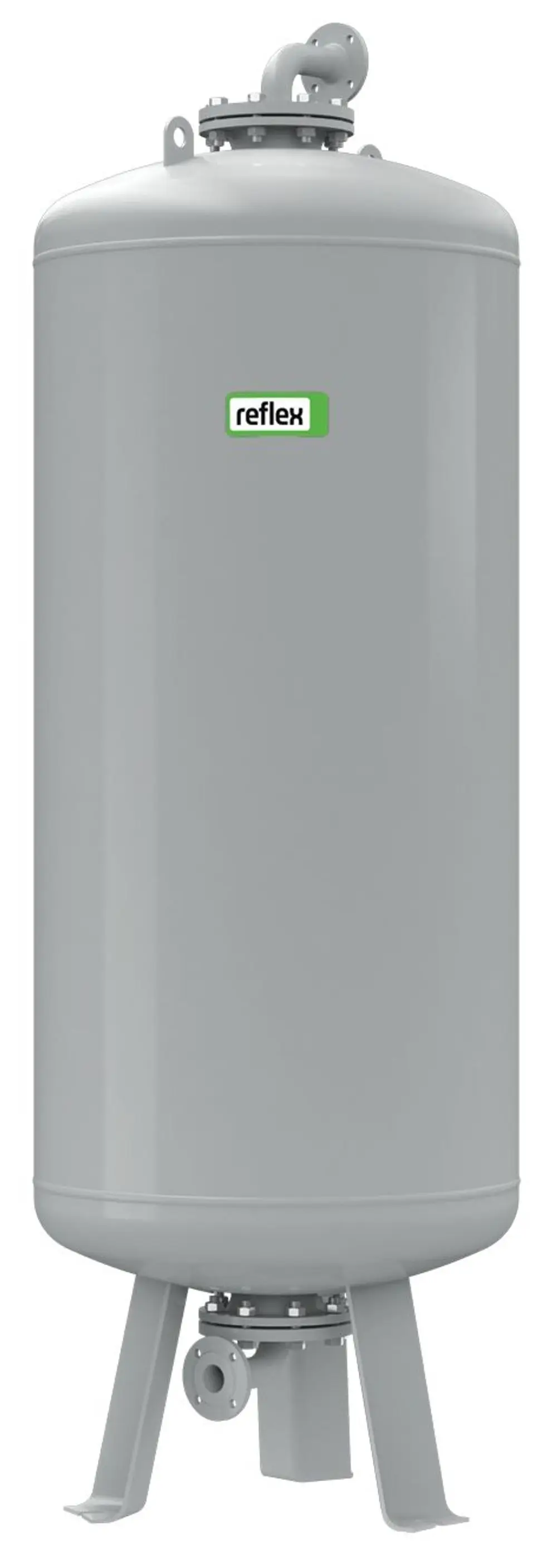 Graues Vorschaltgefäß von Reflex Winkelmann, zylindrische Form mit Anschluss für Druckleitungen und Standbeinen. Sichtbare Befestigungselemente.