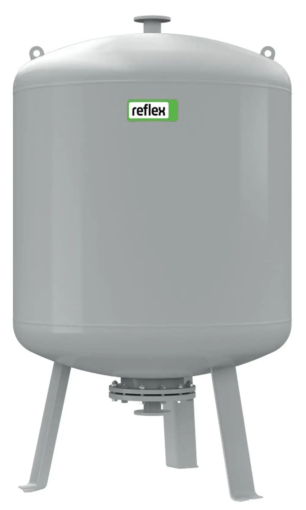 Graues Vorschaltgefäß auf drei Füßen, mit Anschluss am unteren Ende und einem Sicherheitsventil oben, produziert von Reflex Winkelmann.