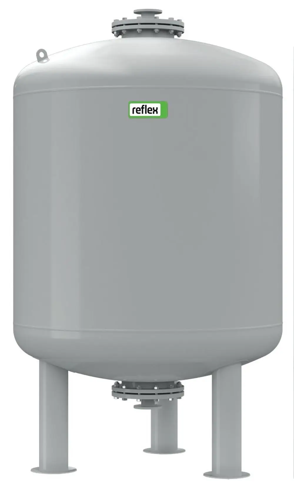 Graues Vorschaltgefäß von Reflex Winkelmann, zylindrische Form mit Zugang oben und unterem Anschluss, auf drei vertikalen Füßen stehend.