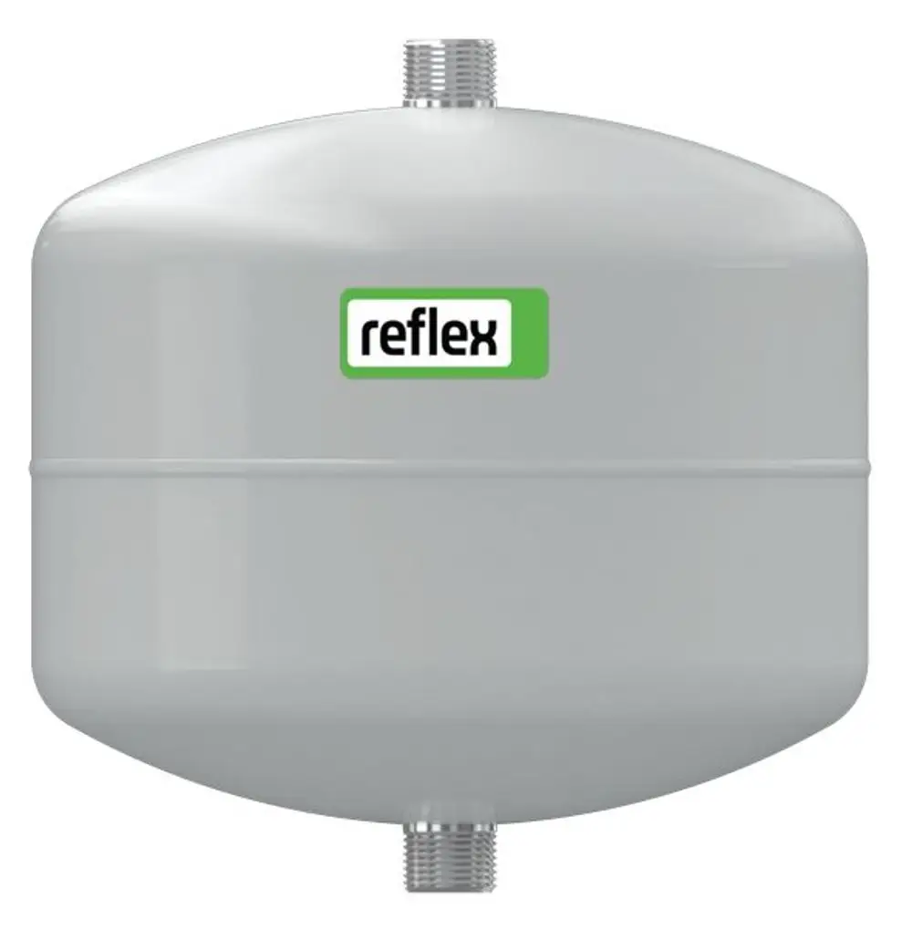 Graues Vorschaltgefäß von Reflex Winkelmann mit zwei Anschlüssen. Das Produkt ist oval geformt und hat ein schlichtes Design ohne sichtbare Details zur genauen Spezifikation.