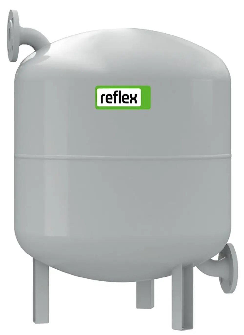 Graues Vorschaltgefäß der Marke Reflex Winkelmann mit runder Form, zwei seitlichen Anschlüssen und vier stabilen Standfüßen, geeignet für Druckanwendungen bis 10 bar.