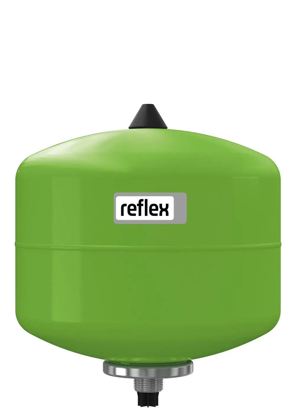 Grünes Druckausdehnungsgefäß von Reflex Winkelmann mit oberem Ventil und Anschluss am Boden, geeignet zur Druckregulierung in Heizungsanlagen.