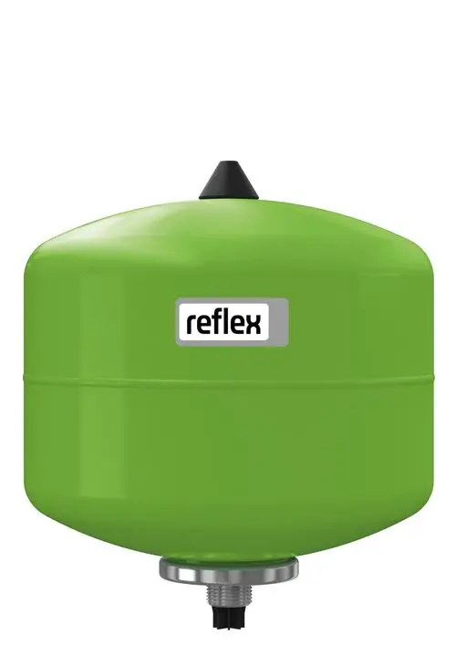 Grünes Druckausdehnungsgefäß von Reflex Winkelmann mit oberem Ventil und Anschluss am Boden, geeignet zur Druckregulierung in Heizungsanlagen.