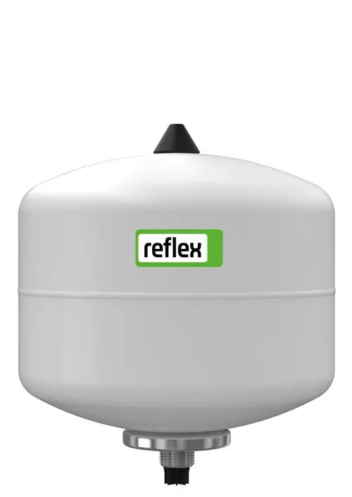 Weißes Druckausdehnungsgefäß von Reflex Winkelmann mit oberem Entlüftungsventil und Gewindeanschluss an der Unterseite.