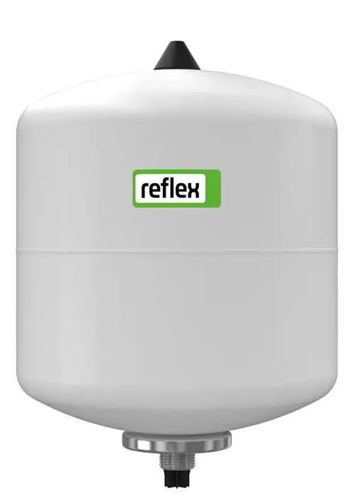 Weißes Druckausdehnungsgefäß von Reflex Winkelmann mit runder Form und schwarzem Ventildeckel, montiert auf einem Unterteil mit Gewindeanschluss.