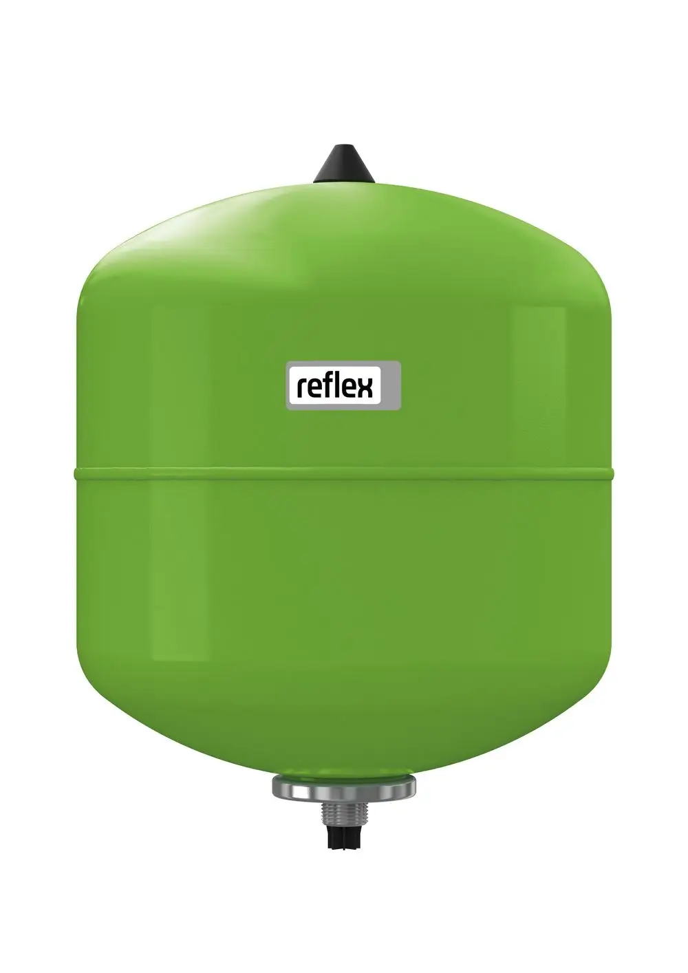 Grünes Druckausdehnungsgefäß von Reflex Winkelmann, rund mit metallischem Anschluss unten. Geeignet für die Installation in Heizungsanlagen.