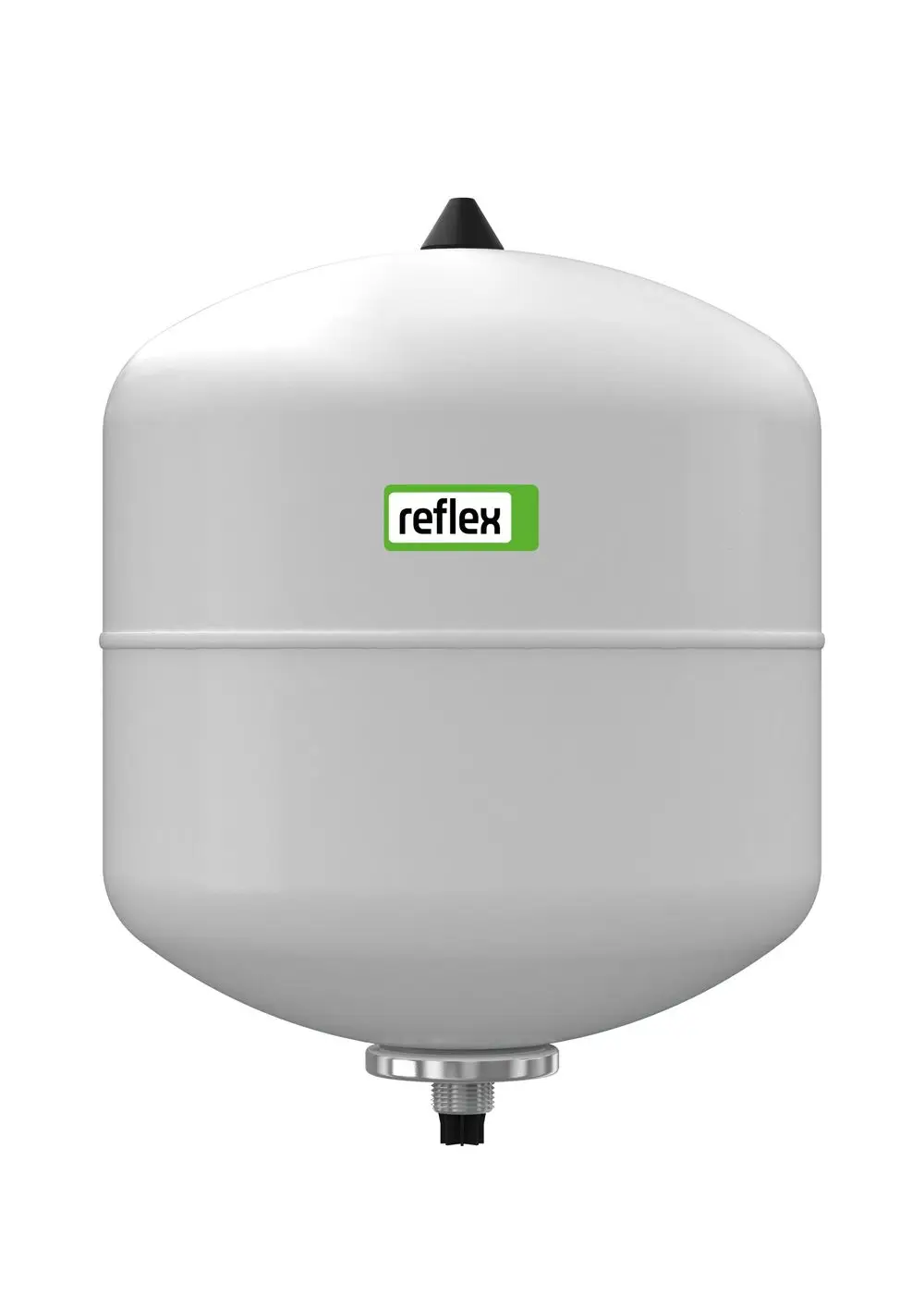 Weißes Druckausdehnungsgefäß mit runder Form und seitlichem Anschluss, gekennzeichnet mit "Reflex" im oberen Bereich.
