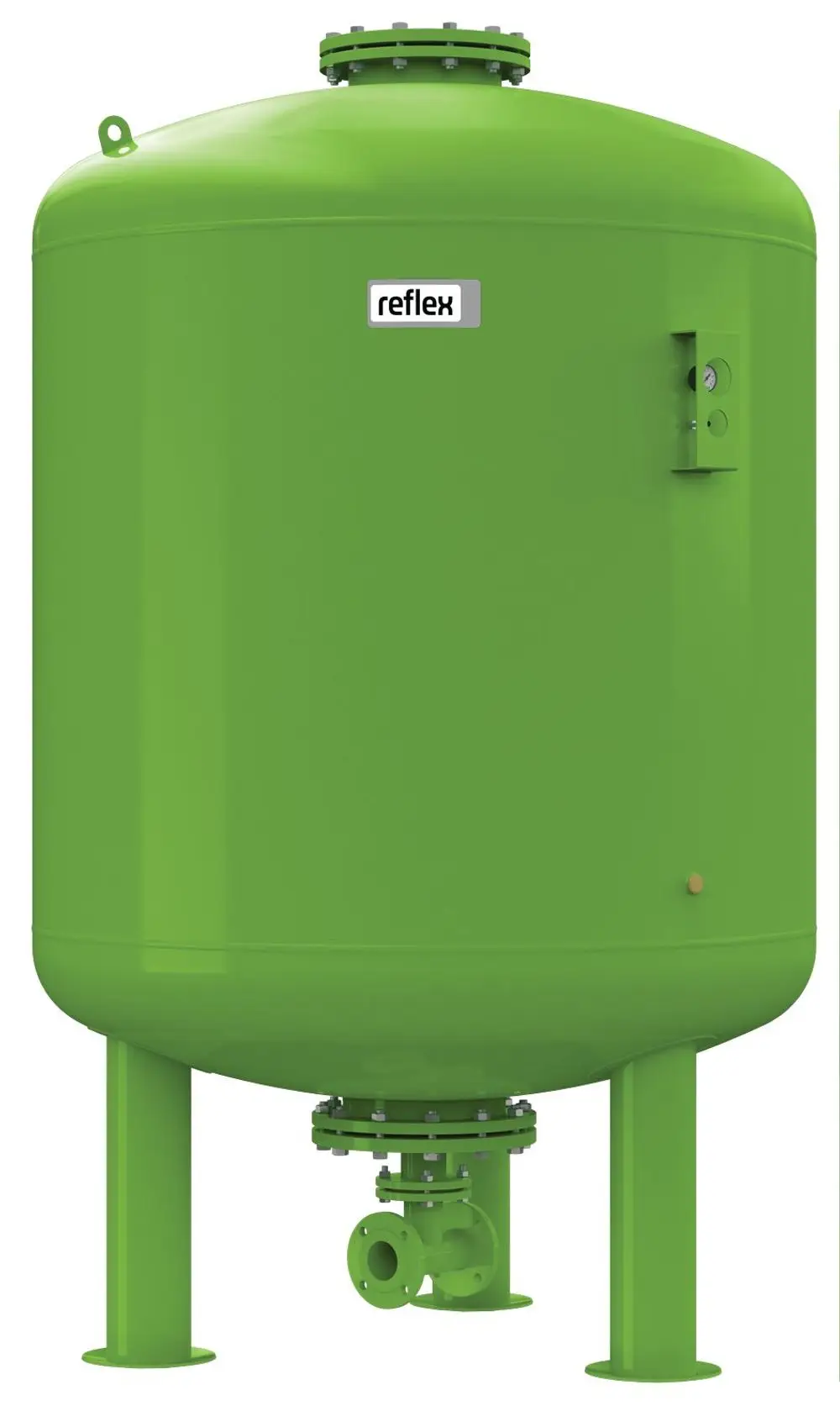 Grünes Druckausdehnungsgefäß von Reflex Winkelmann, zylindrische Form mit Anschluss und Stützbeinen, für hydraulische Systeme konzipiert.