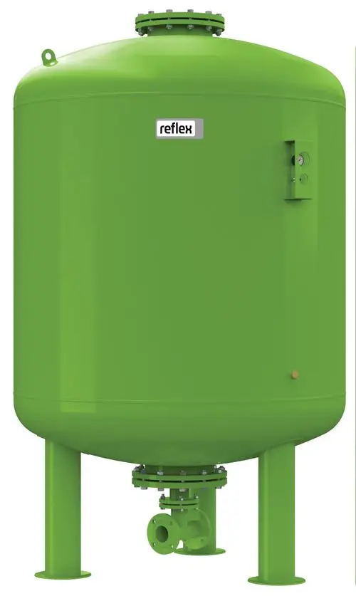 Grünes Druckausdehnungsgefäß von Reflex Winkelmann, zylindrische Form mit Anschluss und Stützbeinen, für hydraulische Systeme konzipiert.