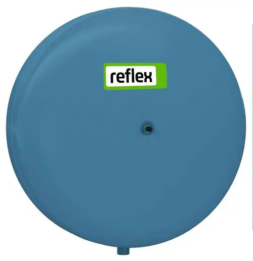 Drehbares, blaues Druckausdehnungsgefäß von Reflex Winkelmann mit einer runden, glatten Oberfläche und einer zentralen Abgangsöffnung.