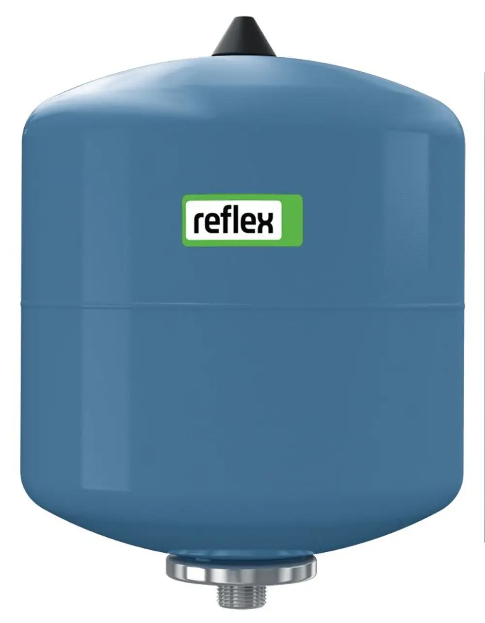 Druckausdehnungsgefäß in blauer Farbe, hergestellt von Reflex Winkelmann. Die Oberseite hat einen kegelförmigen Aushub, mit einem Anschluss an der Unterseite.